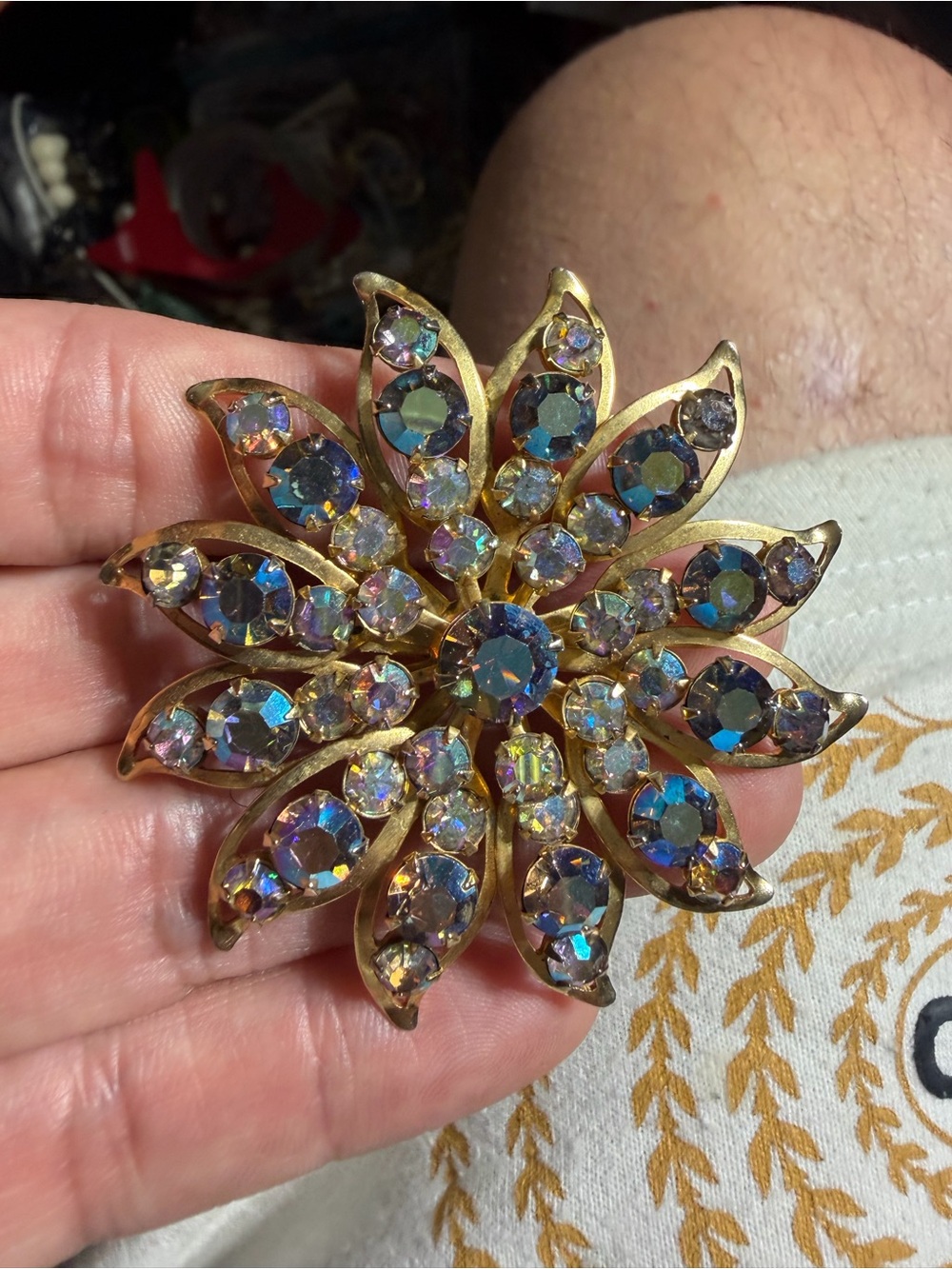 Vintage Gold Tone Blue Aurora Borealis Crystal Floral Brooch